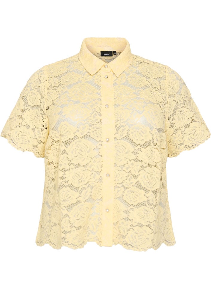 Lace shirt blouse with pearl buttons, Yellow, Packshot image number 0