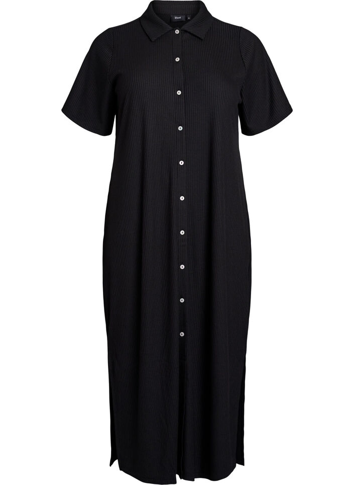 Maxi dress in jersey with collar and short sleeves, Black, Packshot image number 0