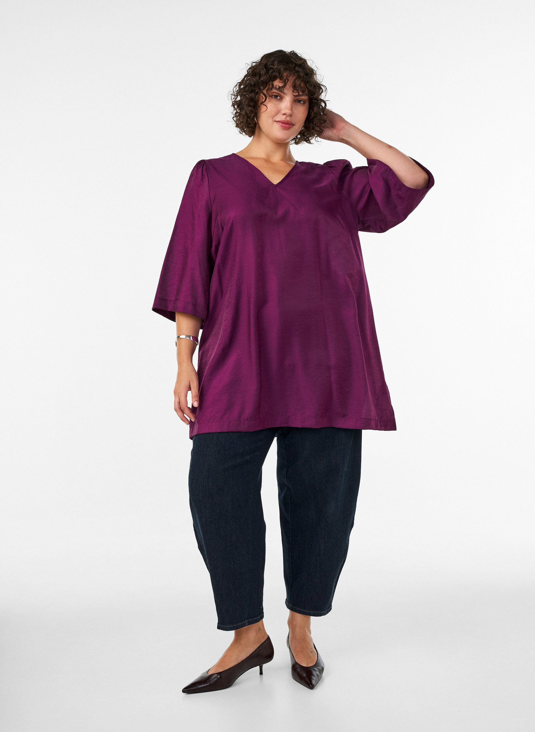 ZizzifashionShiny tunic with a V-neck and 3/4 sleeves, Purple, Model image number 1