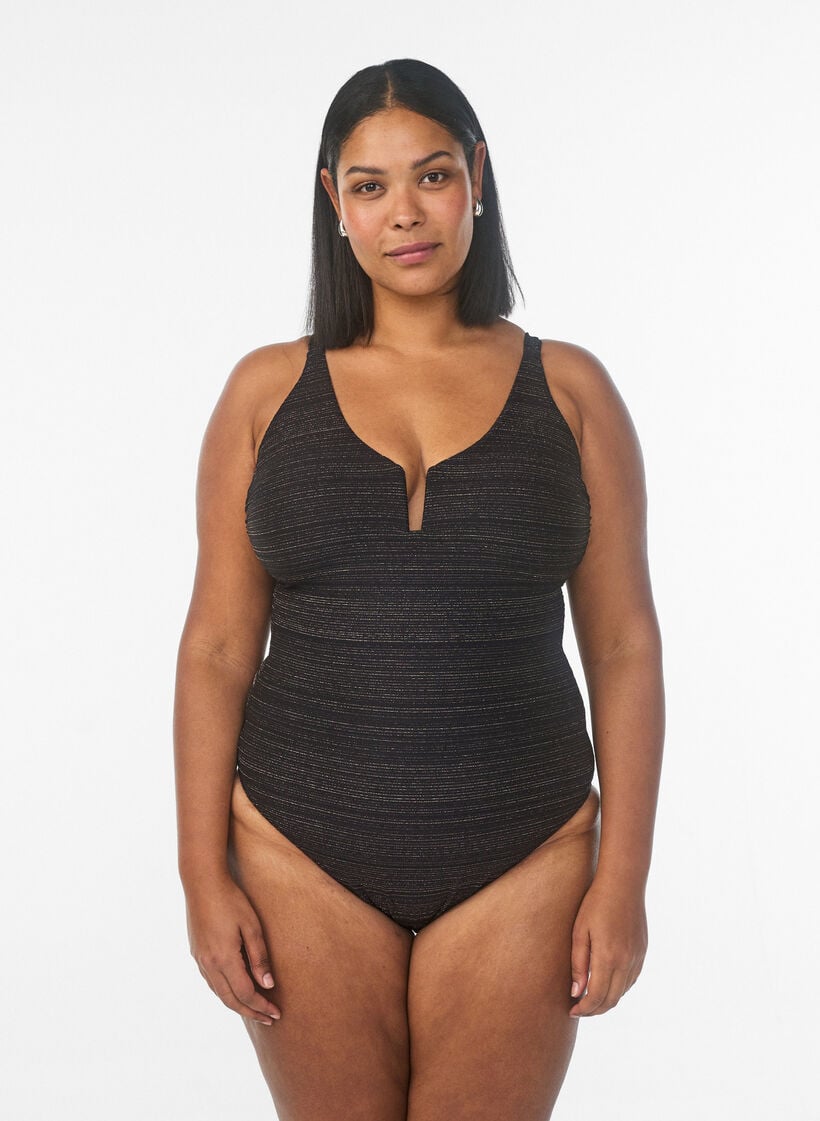 Swimsuit with textured stripe and front detail, Black, Model image number 0