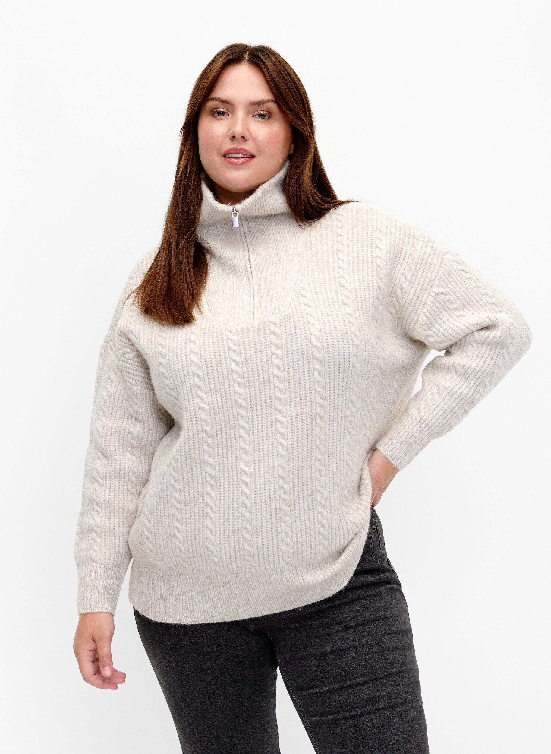 Zizzifashion Sweater in cable knit with zipper, Pumice Stone Mel., Model image number 0
