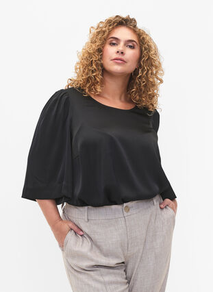 Satin blouse with half-length sleeves, Black, Model image number 0