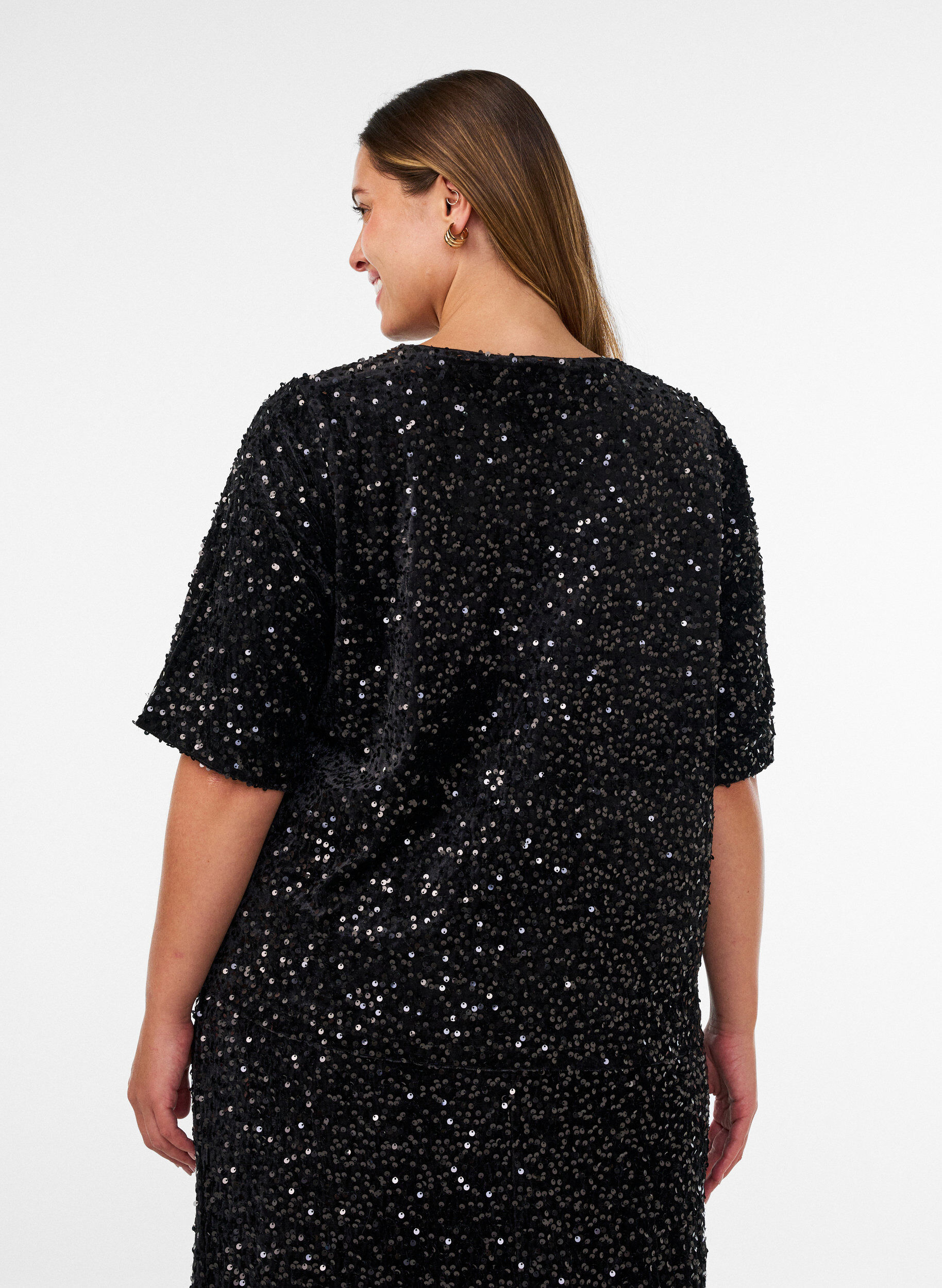 ZizzifashionSequin blouse with elbow-length sleeves, Black, Model image number 2