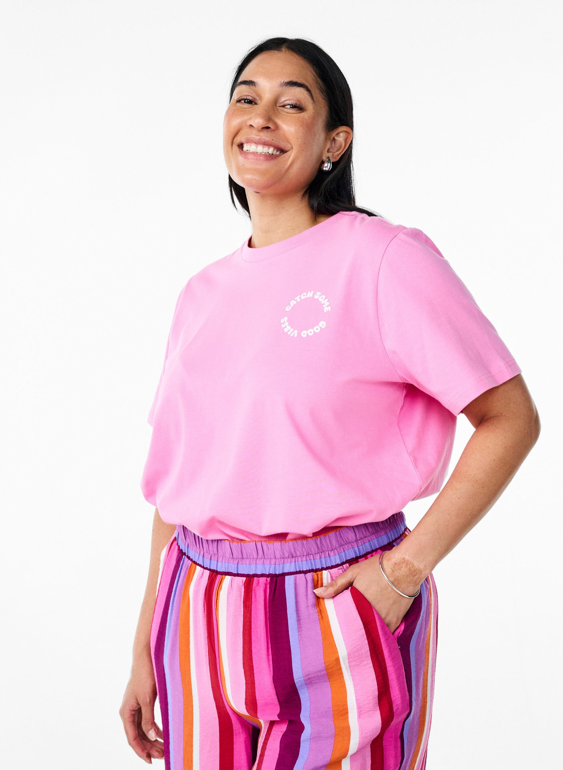 Zizzifashion Organic cotton T-shirt with text motif, Pink, Model image number 2