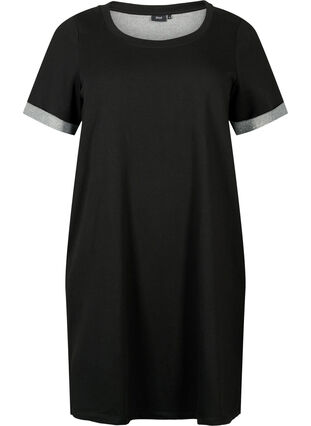 Short-sleeved sweat dress with pockets, Black, Packshot image number 0