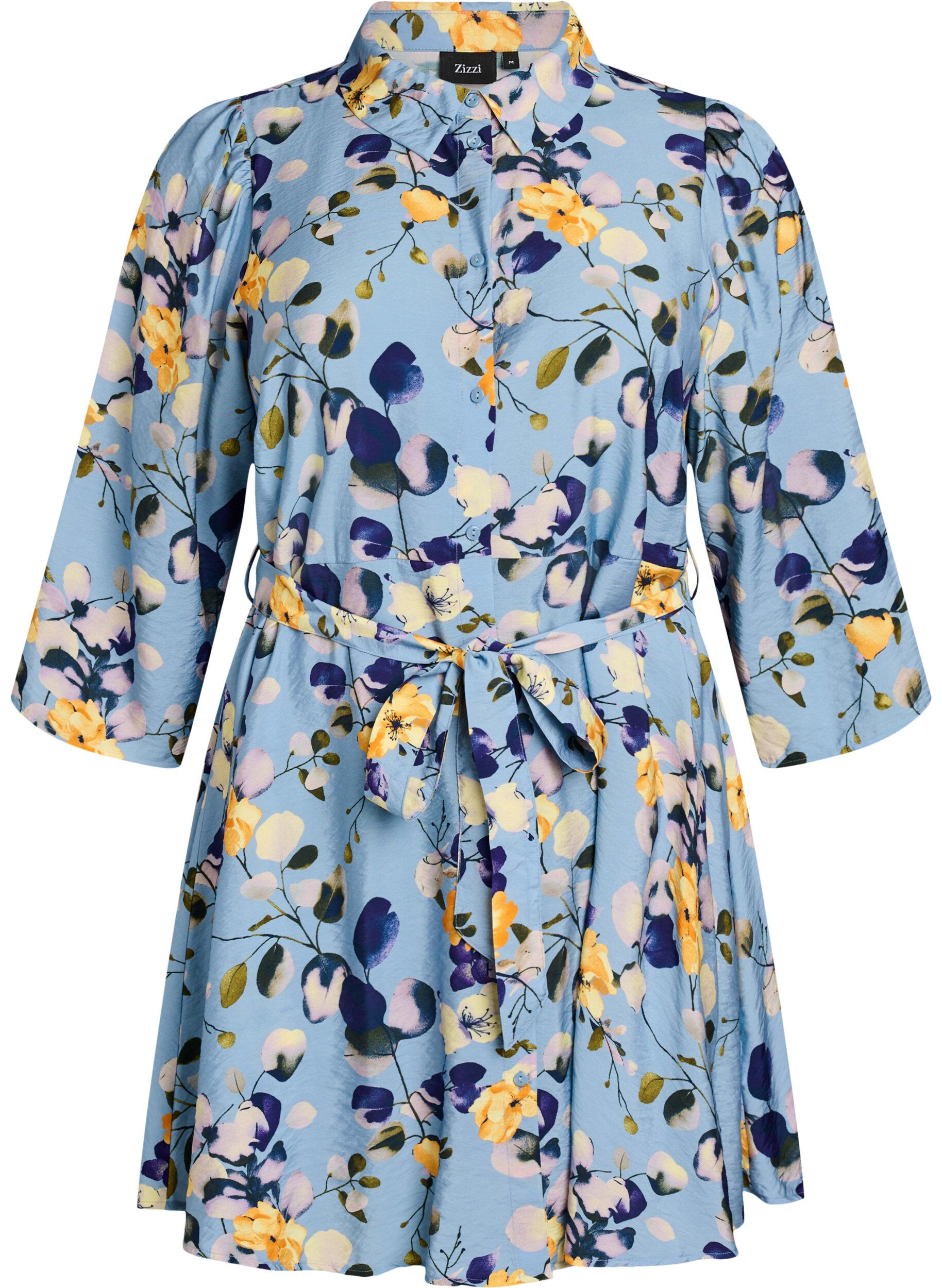 Zizzifashion Patterned tunic with a tie-belt and 3/4 sleeves, Light Blue, Packshot image number 0