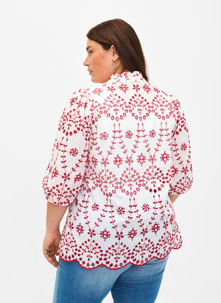 3/4 sleeve blouse with contrasting anglais embroidery, White w. Red, Model image number 1