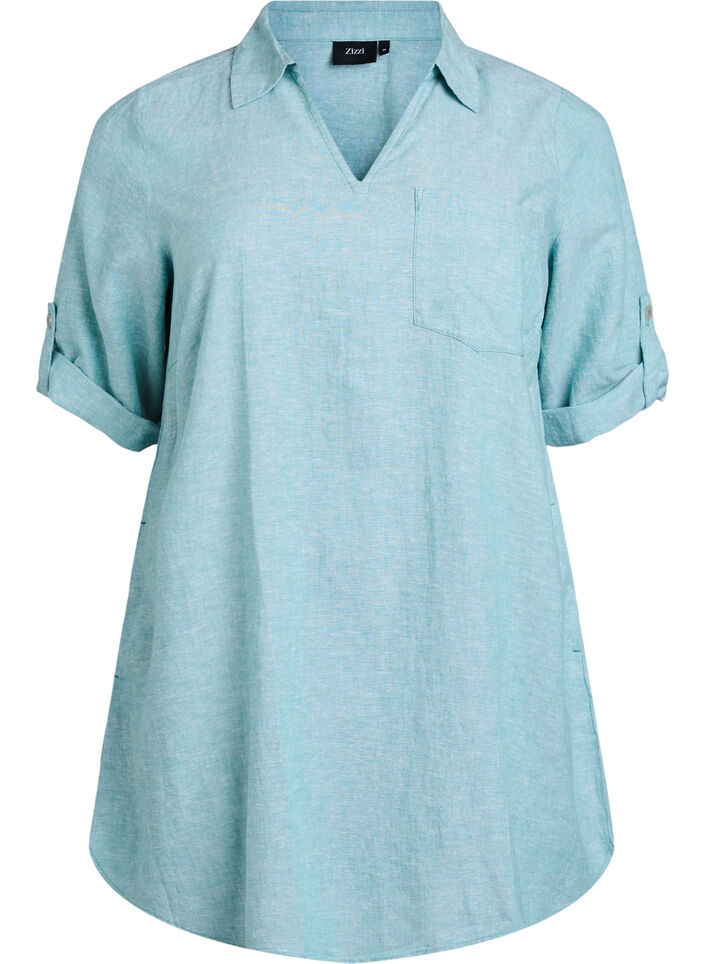 Linen and viscose tunic with A-shape, Blue, Packshot image number 0