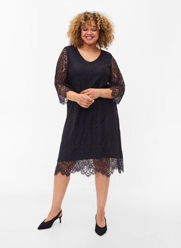 Lace Dress with 3/4 sleeves, Black, Model image number 0