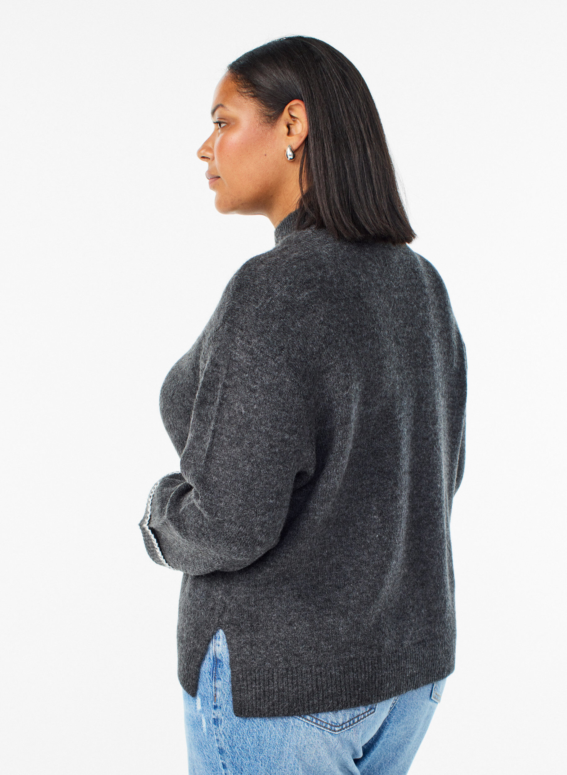 Zizzifashion Knitted blouse with a high neck and contrast detail, Dark Grey, Model image number 2