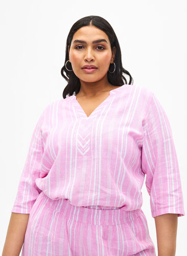 Striped blouse in linen-viscose blend, Rosebloom Wh.Stripe, Model image number 0