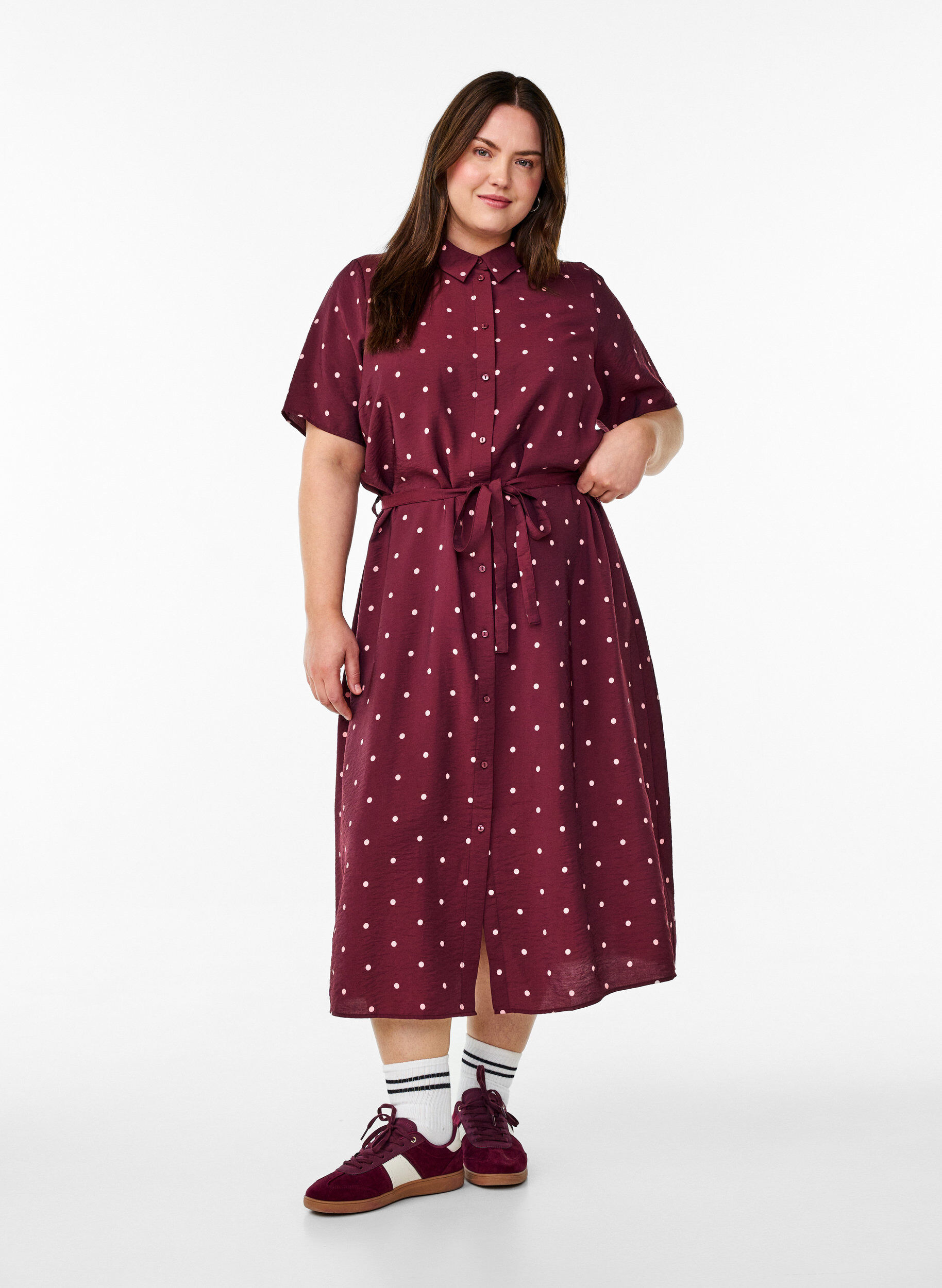 Zizzifashion Midi shirt dress with polka dots, Red, Model image number 1