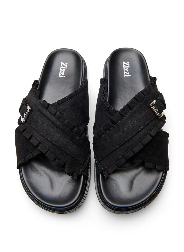 Sandals with crossed straps and ruffle edges, Black, Packshot image number 3