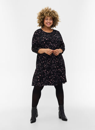 Printed viscose tunic with 3/4 sleeves, Black Rose AOP, Model image number 2