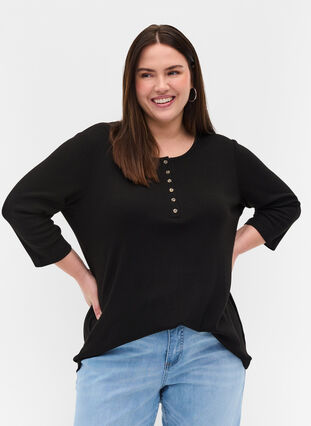 Plain blouse with buttons and 3/4 sleeves, Black, Model image number 0