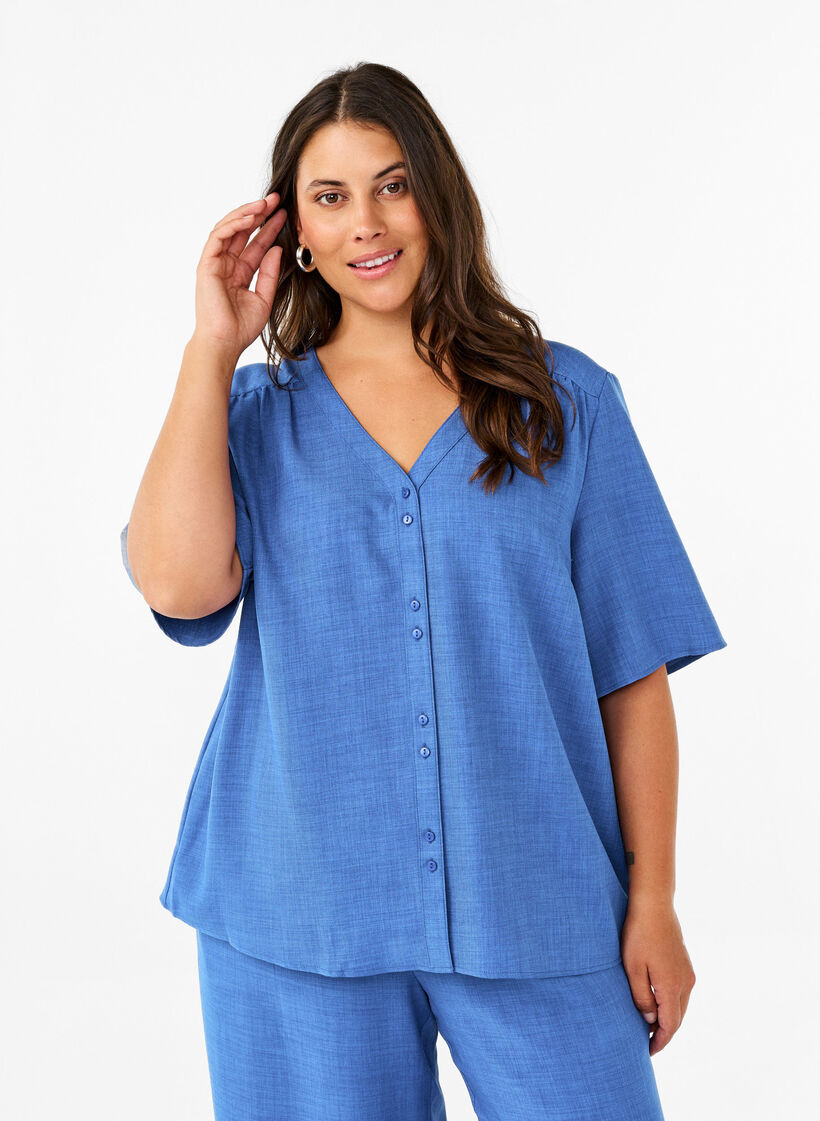V-neck shirt blouse with short sleeves, Blue, Model image number 0