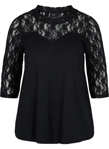 Viscose blouse with lace and 3/4 sleeves, Black, Packshot image number 0