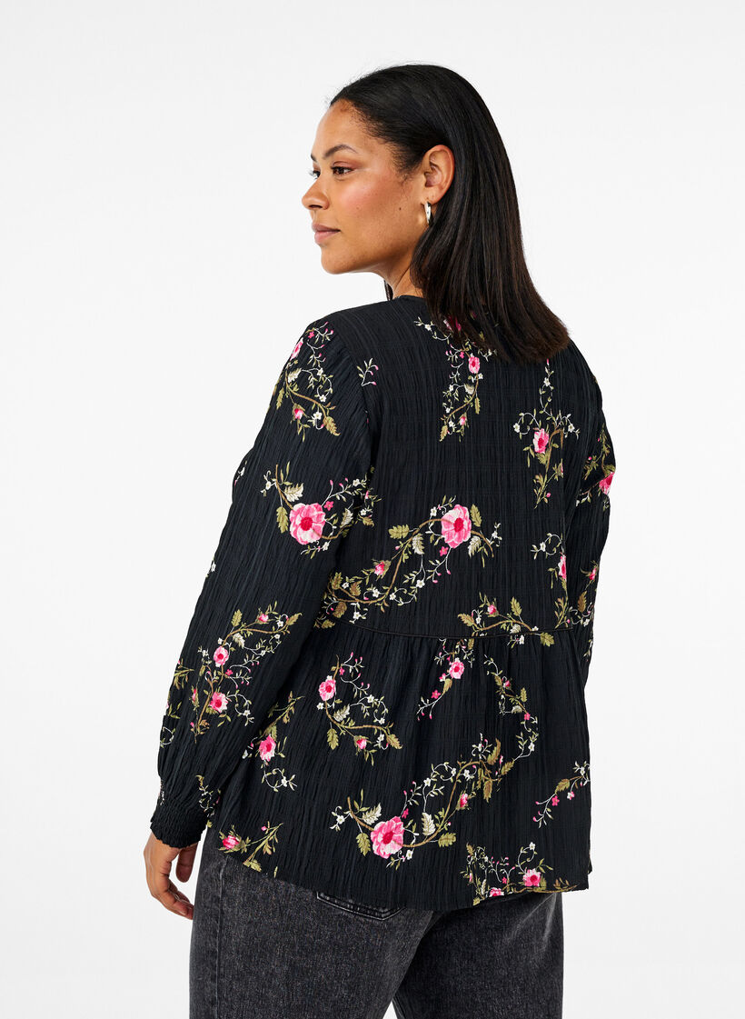 Long-sleeved blouse with floral print, Black, Model image number 2
