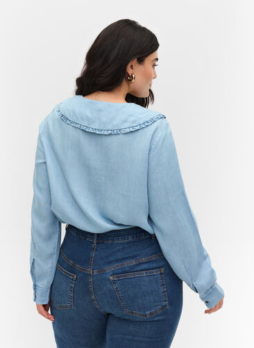 Shirt with large collar and ruffled trim, Light blue denim, Model image number 1