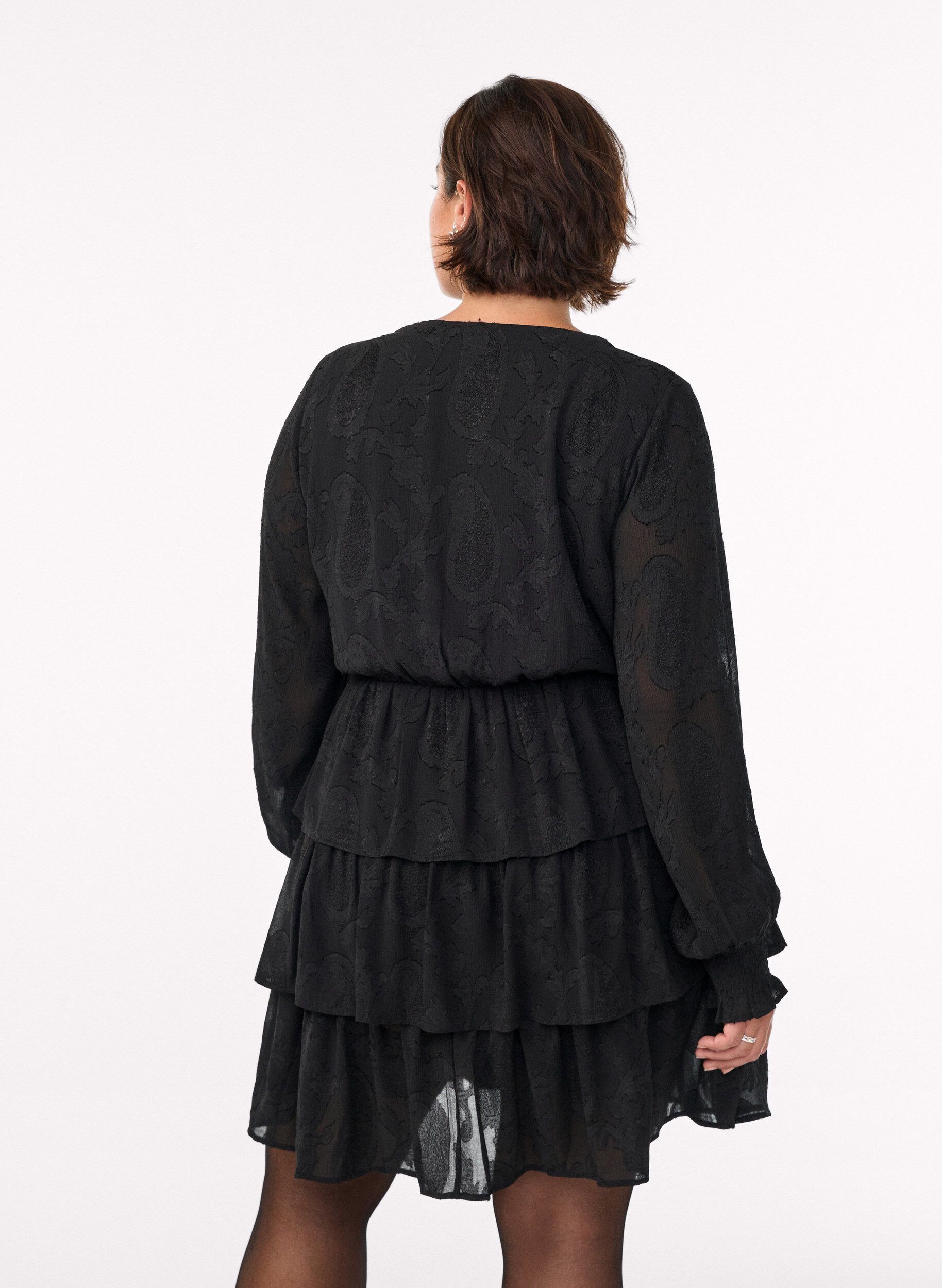 ZizzifashionShort dress with ruffles and a textured pattern, Black, Model image number 2