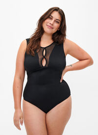 Swimsuit with mesh detail in front, Black, Model