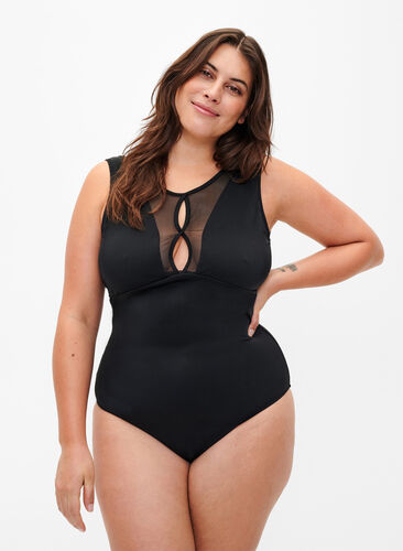 Swimsuit with mesh detail in front, Black, Model image number 0