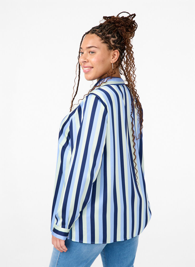 Striped satin shirt with collar, Blue Stripe, Model image number 1