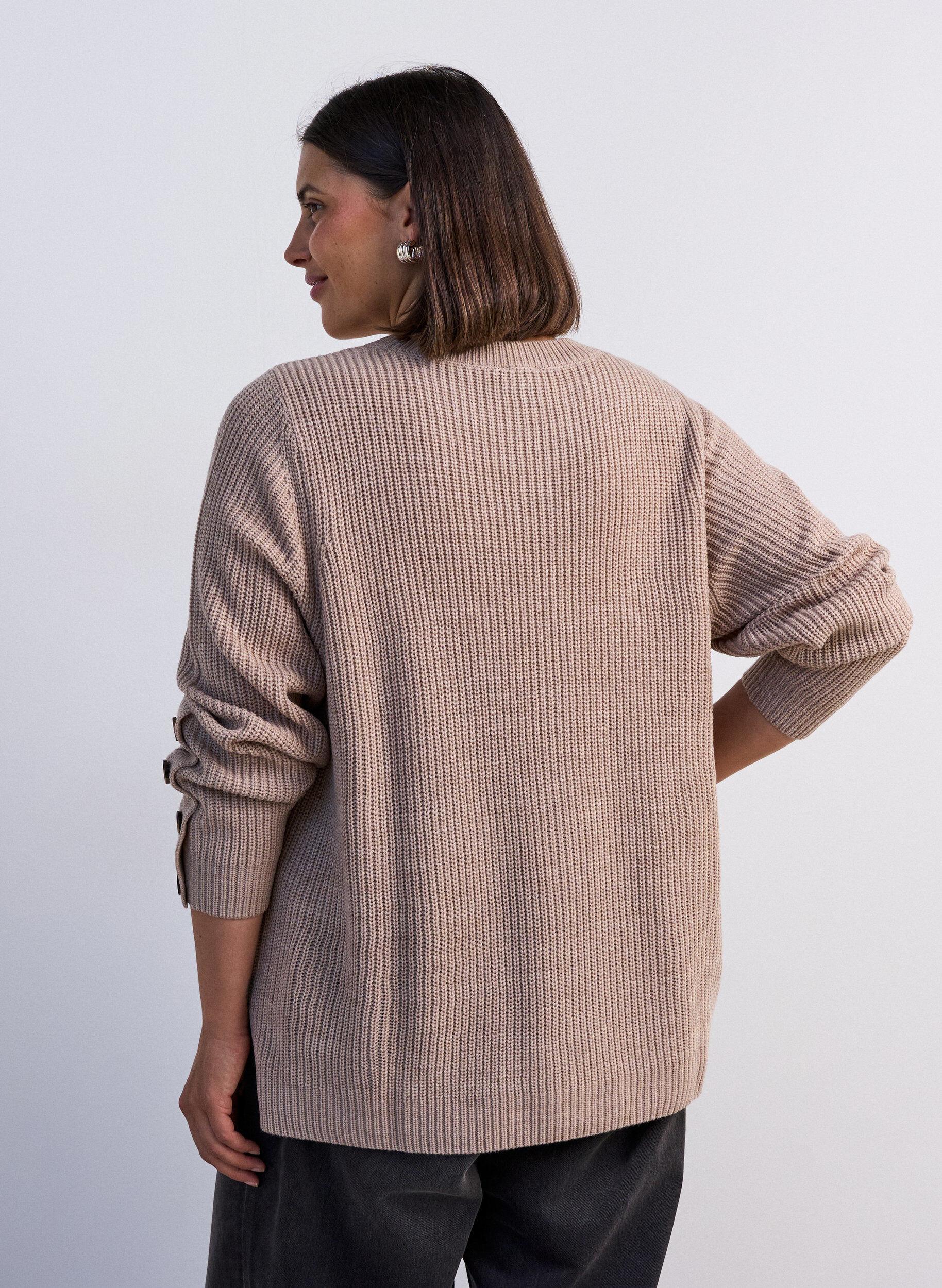 ZizzifashionKnitted blouse with ribbed texture and button details, Beige, Model image number 2