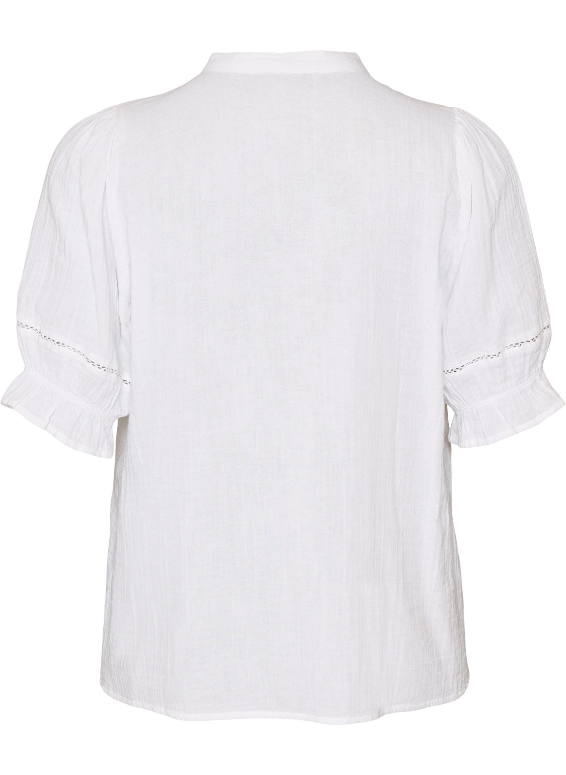 ZizzifashionShort-sleeved cotton muslin blouse with crochet trim, White, Packshot image number 1