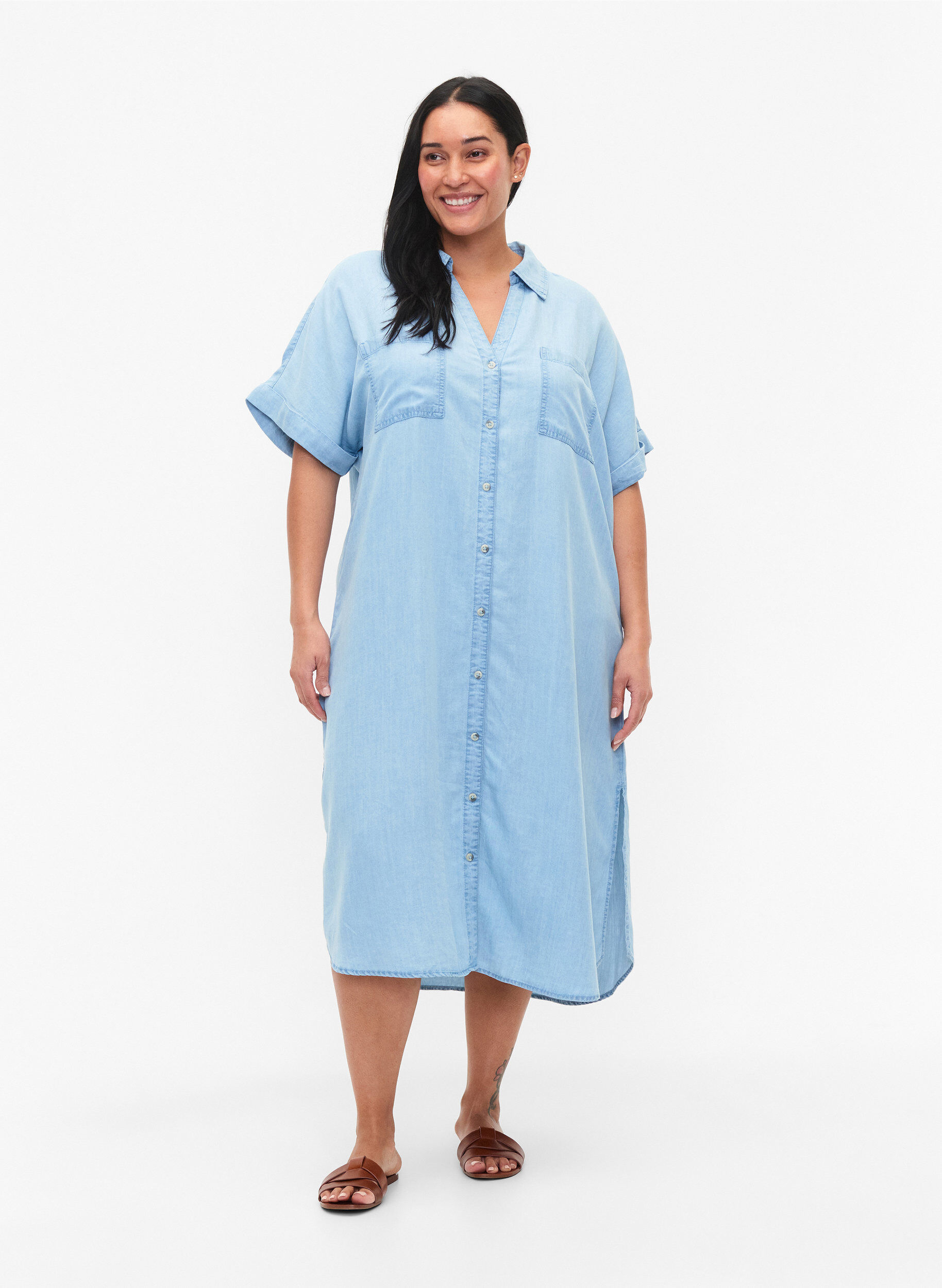 Zizzifashion Short sleeve shirt dress in lyocell (TENCEL&trade;), Light blue denim, Model image number 0