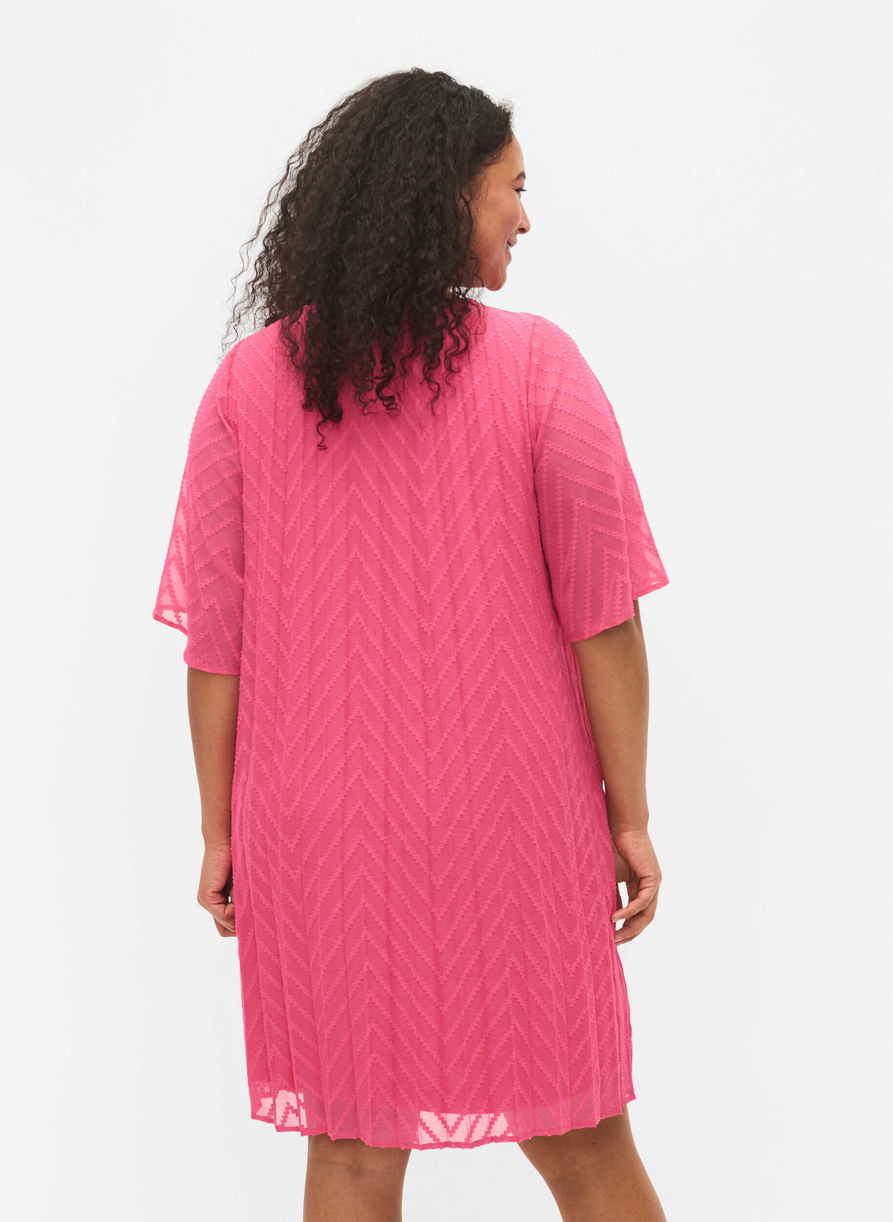 Zizzifashion Short sleeved pleated dress, Shocking Pink, Model image number 1