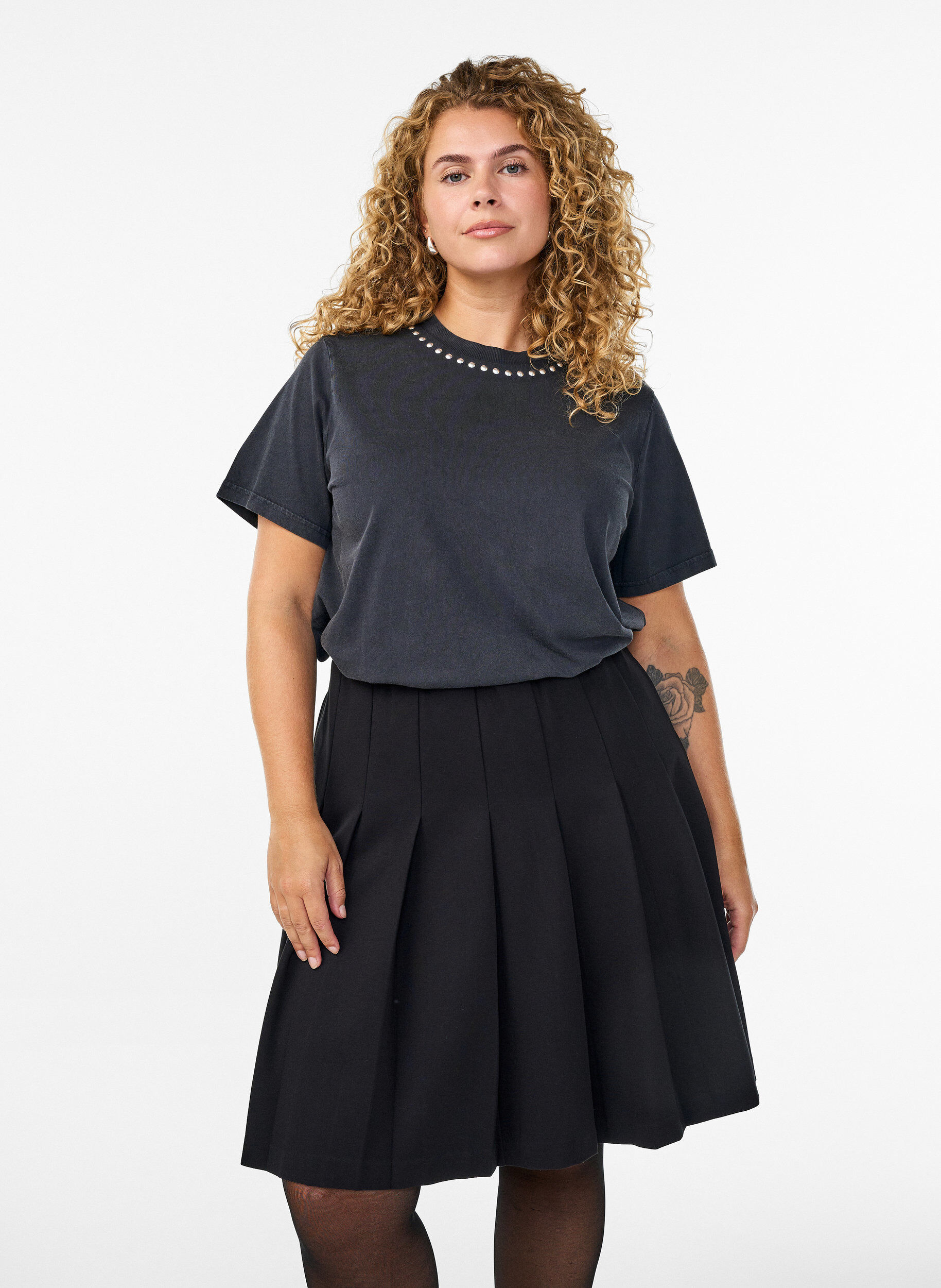ZizzifashionShort pleated skirt with elasticated waist, Black, Model image number 0