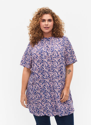 FLASH - Floral tunic with short sleeves, Strong Blue Flower, Model image number 0