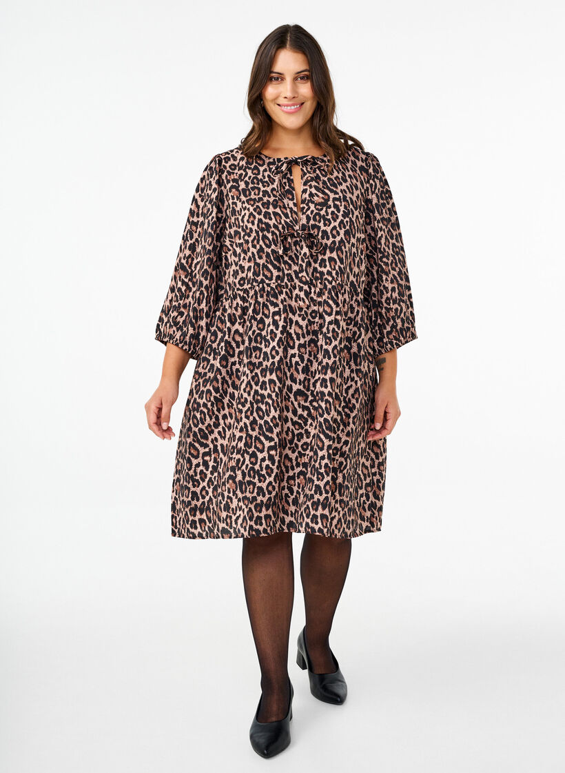 Dress with bows and 3/4 sleeves, LEO AOP, Model image number 3