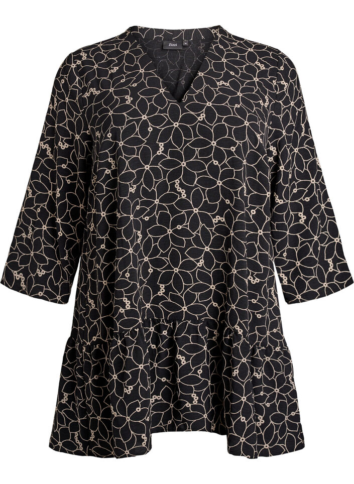 Tunic with an embroidered floral pattern and 3/4 sleeves, Black, Packshot image number 0