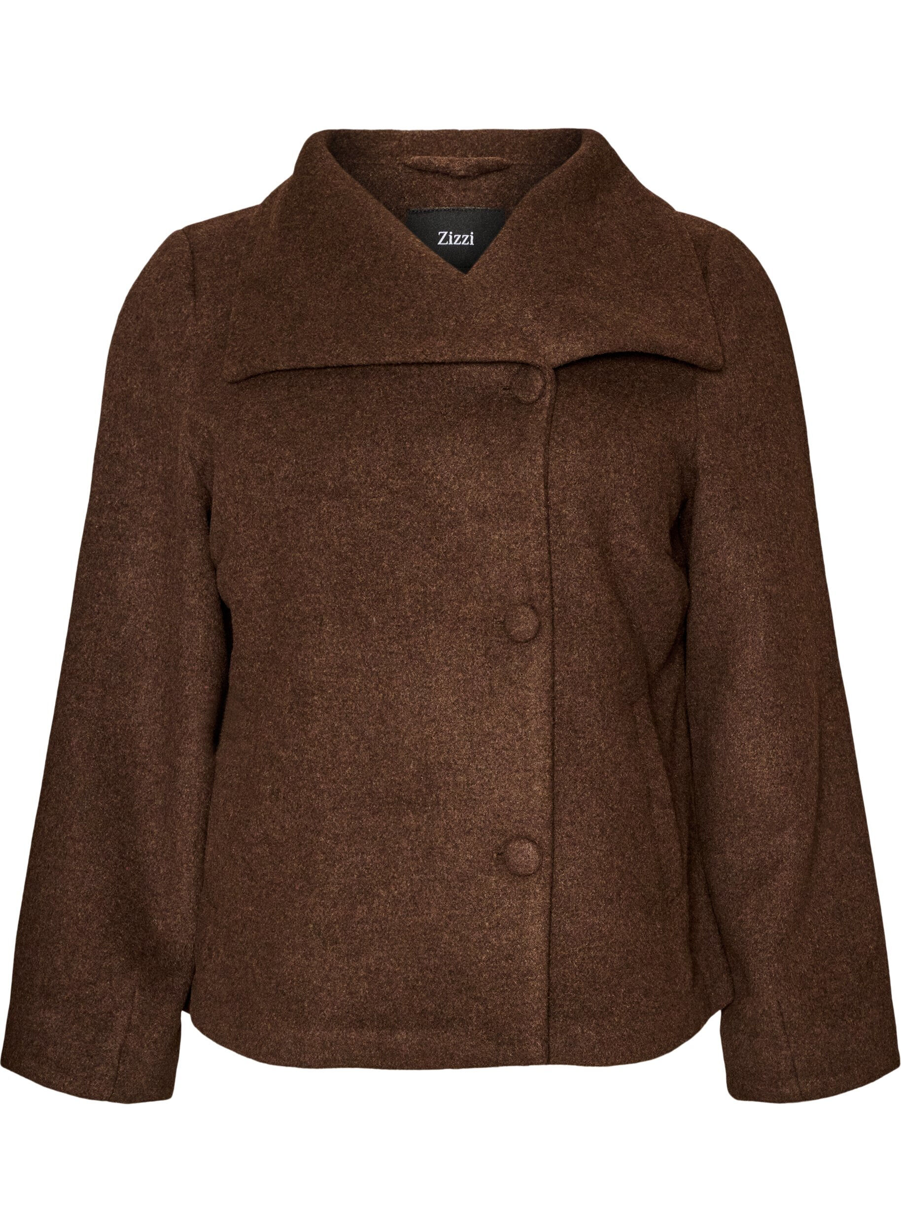 Short jacket with asymmetric button fastening