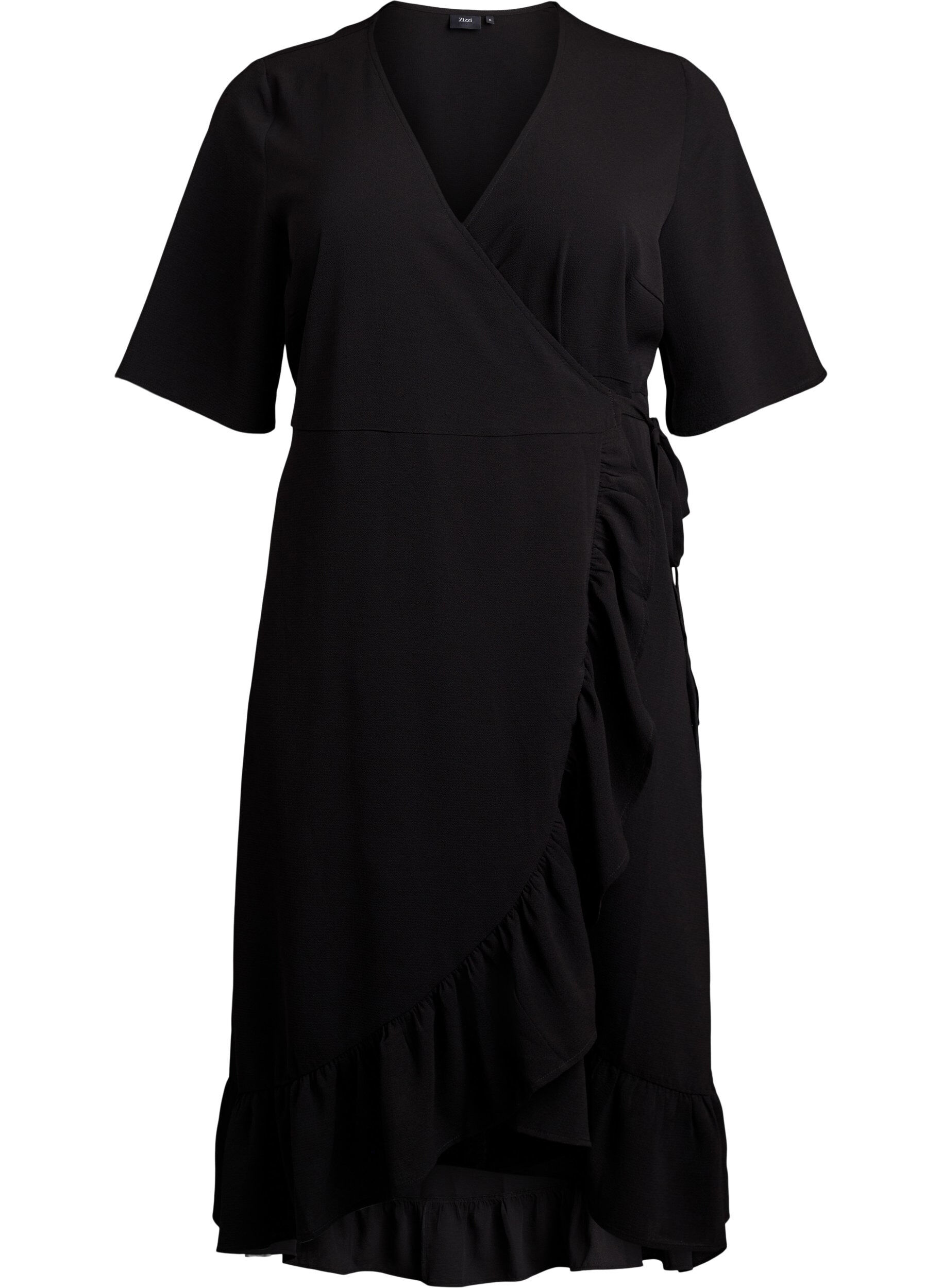Zizzifashion Solid coloured wrap dress with short sleeves, Black, Packshot image number 0