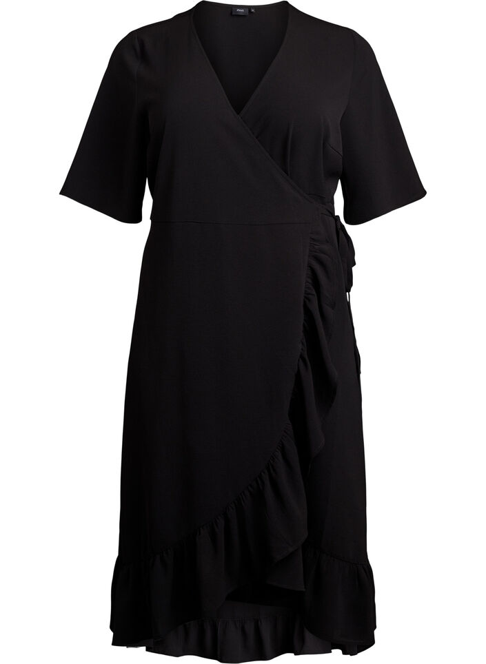 Solid coloured wrap dress with short sleeves, Black, Packshot image number 0