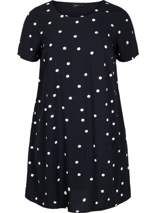 Short-sleeved polka dot viscose dress, Black Dot, Packshot image number 0