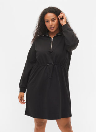 Sweatshirt dress with zip and drawstring, Black, Model image number 0