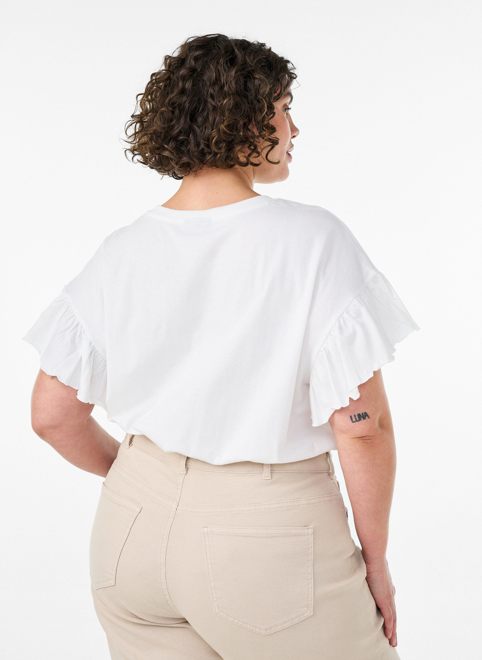 ZizzifashionOrganic cotton T-shirt with ruffle sleeves, White, Model image number 2