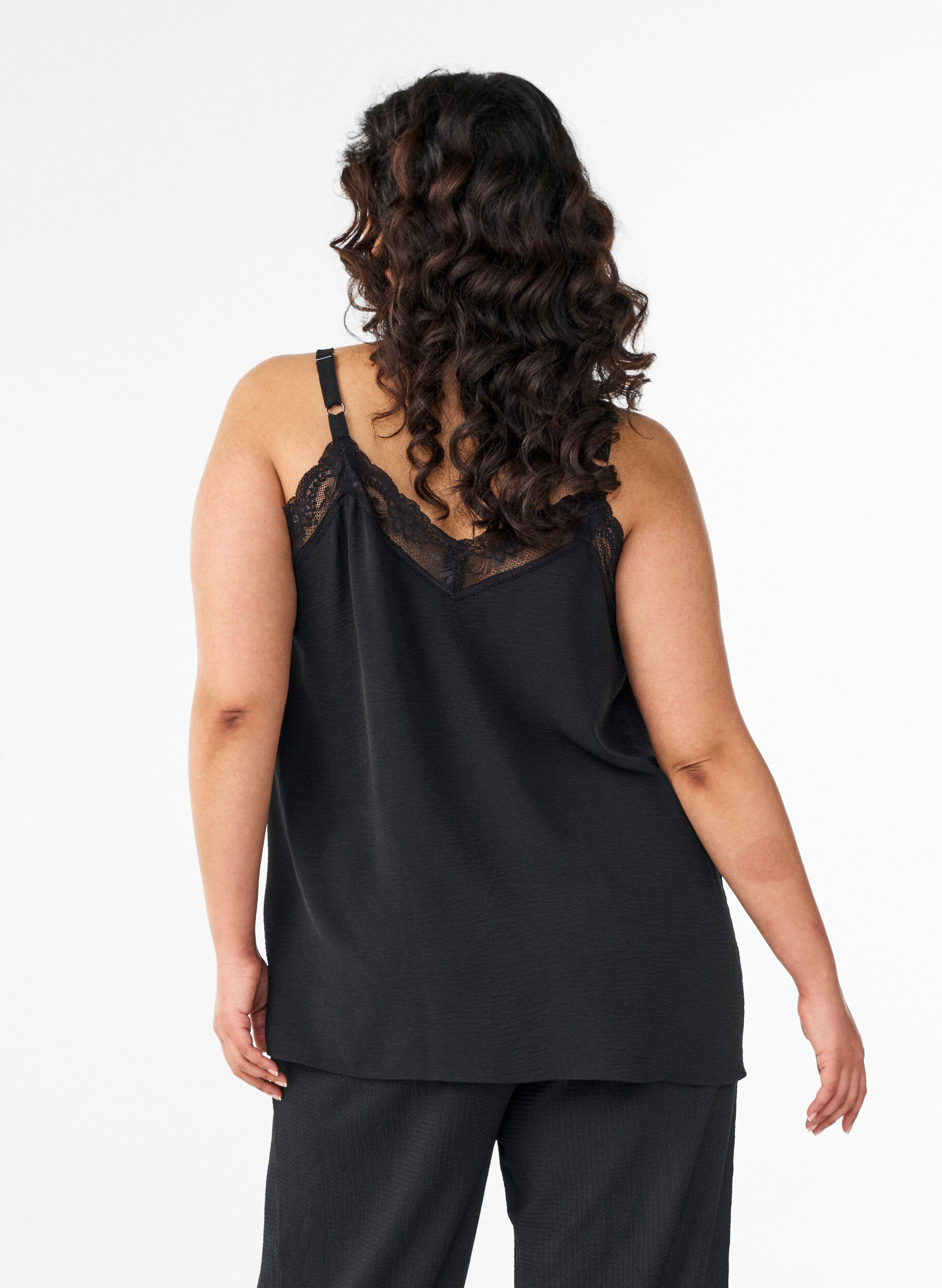 Zizzifashion Cami top with a V-neck and lace trim, Black, Model image number 2
