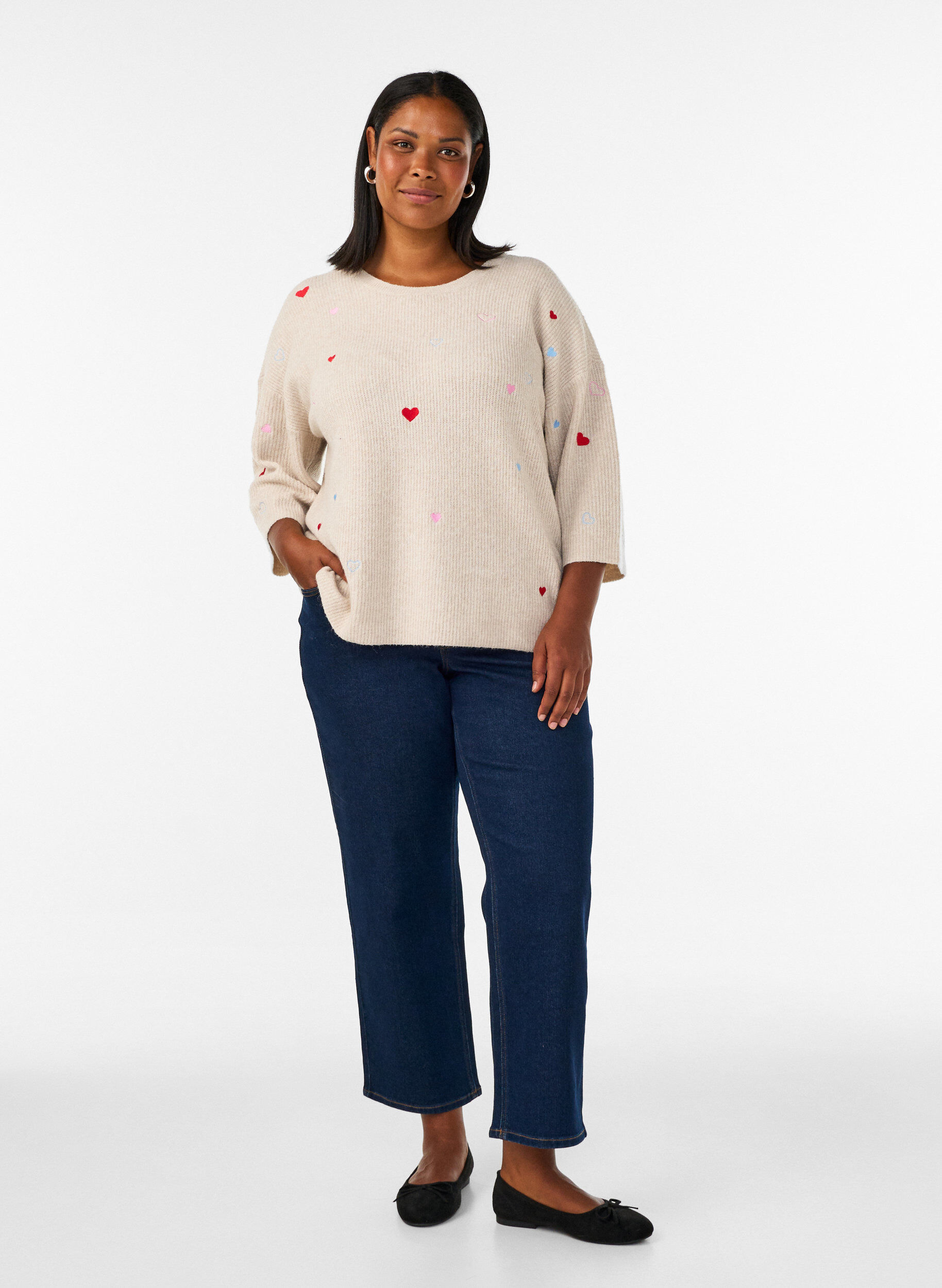 ZizzifashionKnitted blouse with hearts and 3/4 sleeves, Beige, Model image number 1