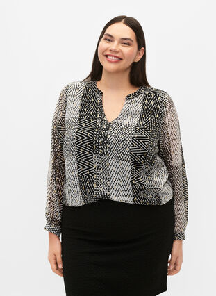 Printed blouse with v-neckline, Black Graphic Stripe, Model image number 2