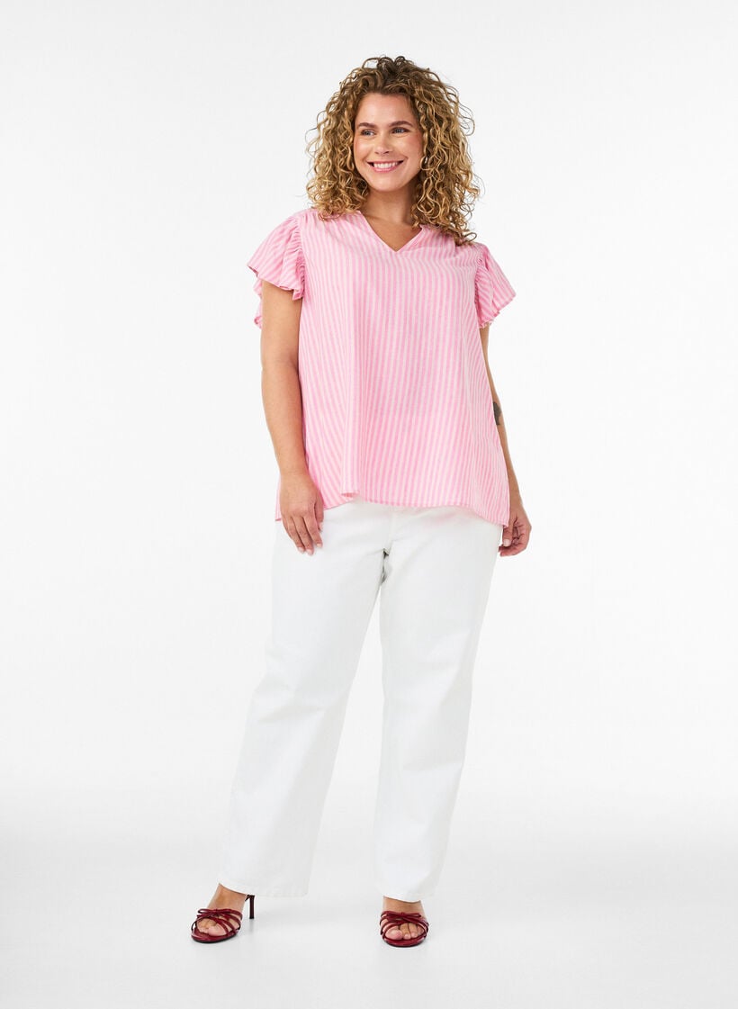 Viscose and linen blouse with ruffle sleeves, Pink, Model image number 1