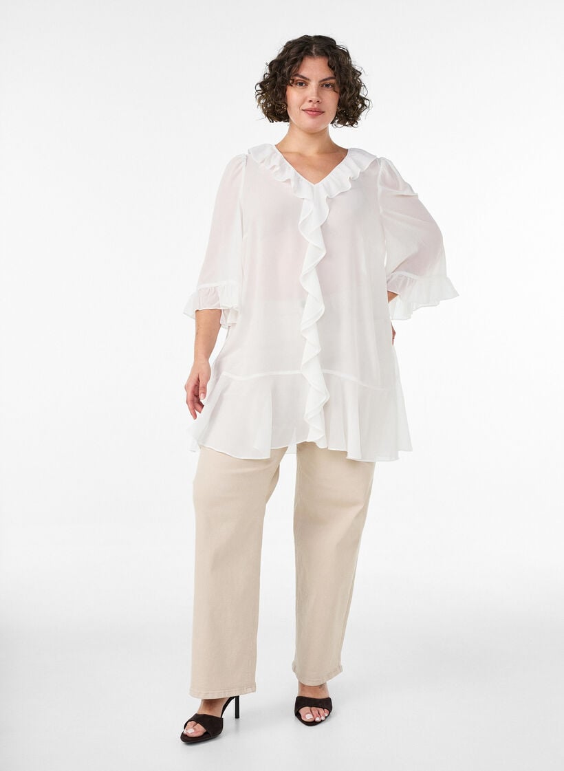 Tunic with ruffles and 3/4 sleeves, Vanilla, Model image number 1