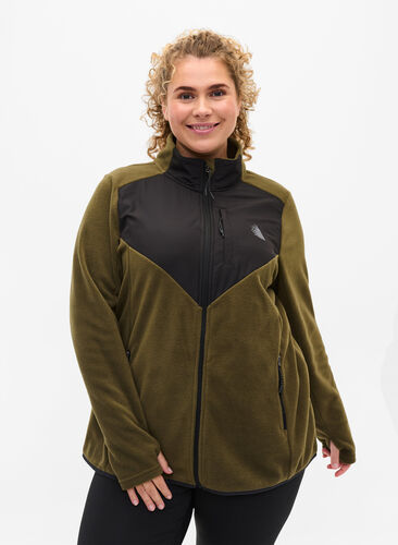 High-neck fleece jacket with pockets, Forest Night, Model image number 0