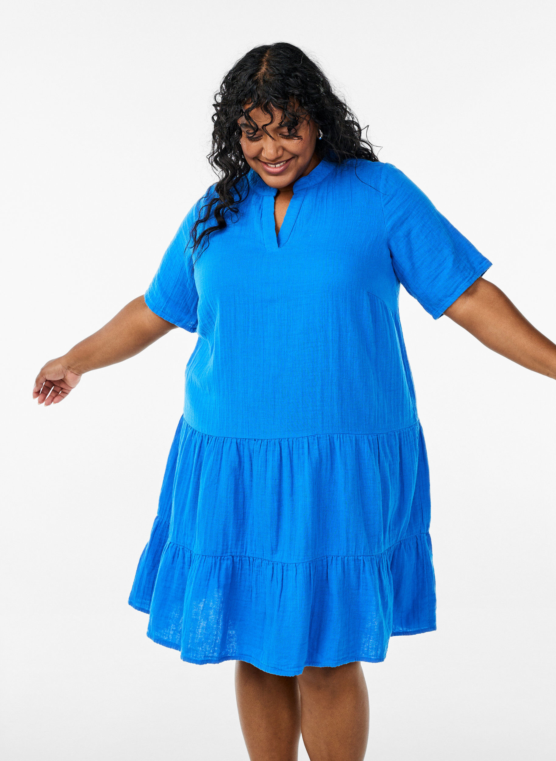 ZizzifashionShort A-line dress in cotton muslin, Blue, Model image number 3