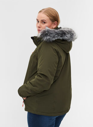Waterproof ski jacket with removable hood and faux-fur trim, Forest Night, Model image number 1