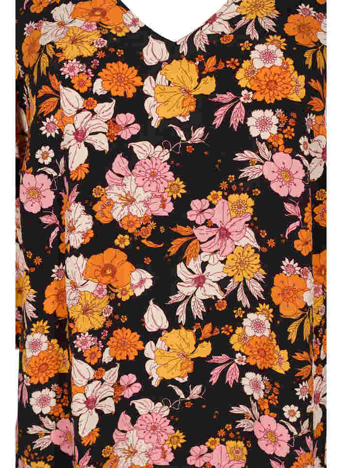 Floral viscose dress with 3/4 sleeves, Black Flower AOP, Packshot image number 2